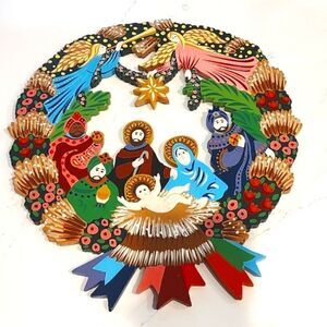 Hand Painted Wooden Nativity Scene Hanging Wreath Vintage